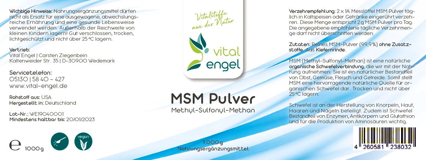 MSM Pulver (1kg) in ökol. Verpackung - VITAL ENGEL